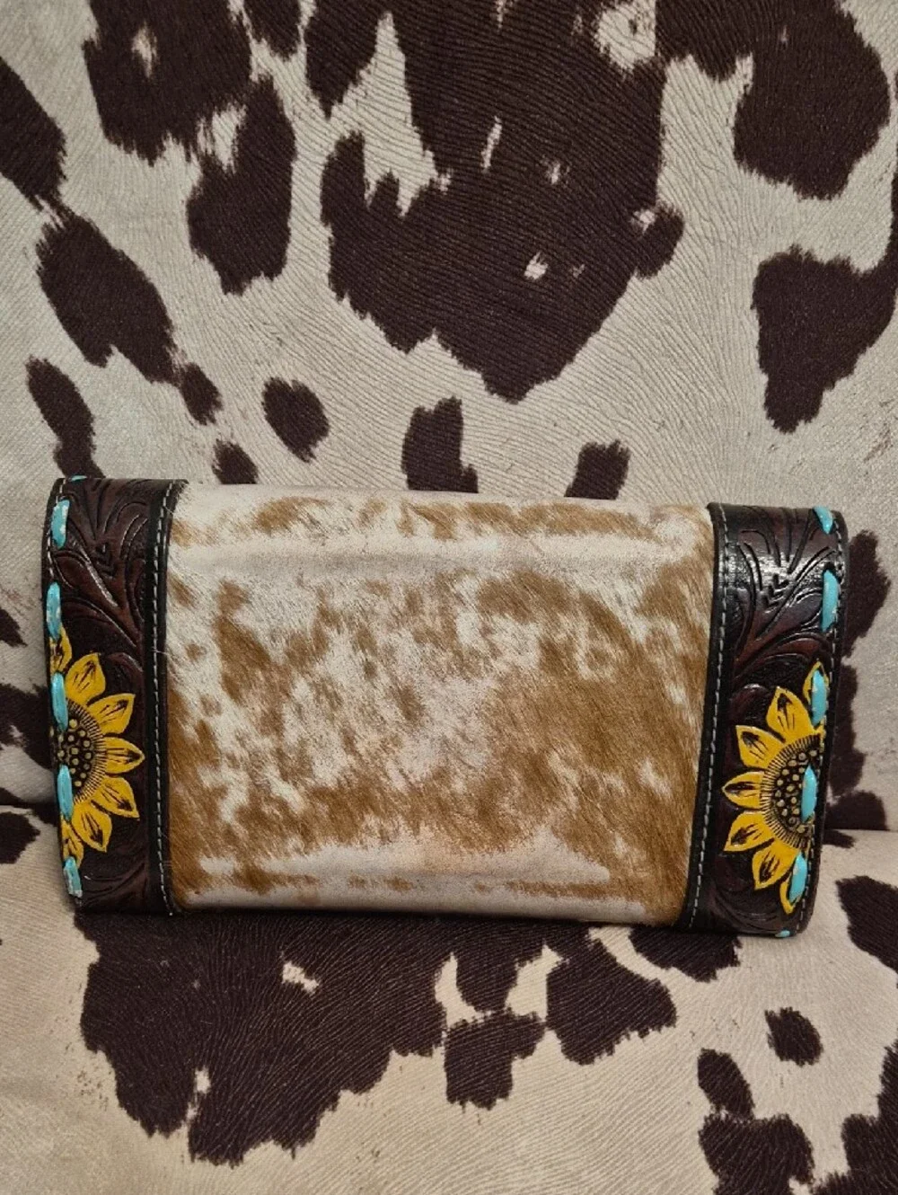 Brown Cowhide Wallet with Turquoise/ Yellow Floral Tooled Accents